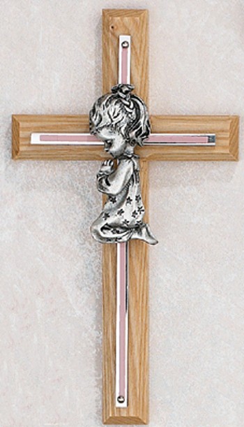 Oak and Silver Overlay Praying Girl Baptism Cross